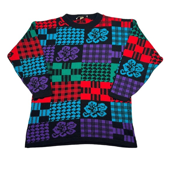 Vintage Sweaters - Vintage 80s Mixed Print Floral Colorblock Crewneck Sweater USA Womens L Large